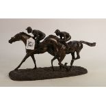 Large Heredities bronzed sculpture FLAT OUT DG34: Two racehorses and jocky's racing side by side.