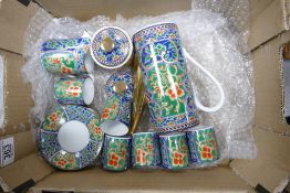 Japanese high quality enamelled coffee set: 6 cups and saucers, coffee pot, cream and sugar. (15)