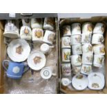 Two trays containing 33 Royal Commemorative mugs & trios: From Queen Victoria onwards to QEII,