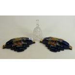 Two Crown Devon wall pockets: length 26cm height 11cm together with a glass bell