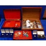 Job lot collection of costume jewellery and watches: Large jewellery box and a wooden display box
