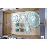 A collection of Wedgwood Sage Green Items to include: dressing table trays, lidded boxes, vases etc