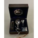 Cased silver communion set: Five piece set with mixed date hallmarks from Birmingham 1884 onwards.