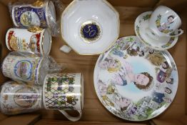 A mixed Collection of Commemorative items to include: Royal Worcester Bowl, Caversall China Cups,