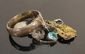 Group of silver & other jewellery badges etc: Includes large hallmarked silver bangle, smaller
