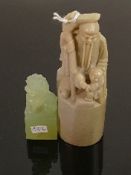 Chinese carved Soapstone and Jade like figures: Measuring 12cm and 6cm. (2)