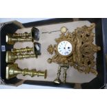 19th century French spelter clock & 3 pairs of brass candlesticks: No key with clock, so sold as not