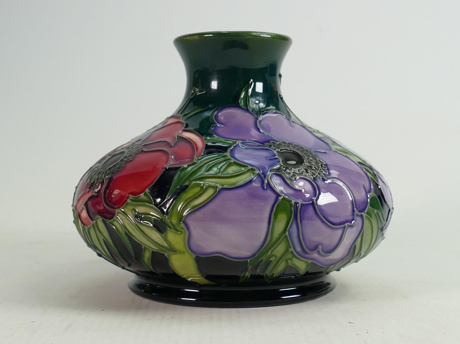 Moorcroft Anemone on green ground squat vase: Height 10cm.