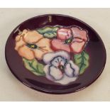 Moorcroft dish Pansy pattern: Measures 10cm, with box. No damage or restoration, very light crazing.