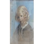 20th century pastel drawing of a young girl in gilt frame: Unsigned but has handwritten label to