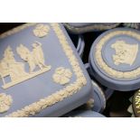 A collection of Wedgwood Jasperware items to include: vases, plates, pin trays, lidded boxes etc. (