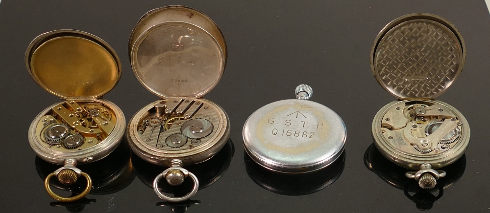 4 gents pocket watches including 2 military & Ingersol Trenton: Includes 2 silver cased watches. - Image 6 of 7