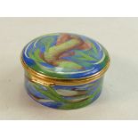 Moorcroft enamelled lidded box decorated with pike: Diameter 7cm.