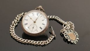 Silver English lever pocket watch: With double Albert watch chain, chain weight 63.6g. (2)