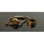 9ct gold broken ring and ladies 9ct gold watch: Ring weighs 3.6g, together with small UNO ladies