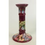 Moorcroft candlestick Pansy pattern: Measures 21cm x 12cm, with box. No damage or restoration.