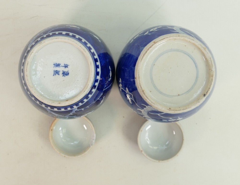 Two Chinese blue & white ginger jars: Decorated with Prunus, both lids with damage, height of each - Image 4 of 8