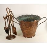 Large hand beaten copper Arts & Crafts bucket & fire side set: Repair noted to base of bucket,