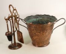 Large hand beaten copper Arts & Crafts bucket & fire side set: Repair noted to base of bucket,
