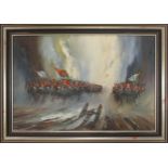 John Bampfield Battle Scene with Mounted Cavalry and Field Gun: oil on canvas, frame size 61 x 87cm