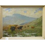 A D Bell oil painting on canvas highland cattle: Landscape, 54 x 40cm.