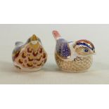 Royal Crown Derby paperweight birds: Both gold stoppers. (2)