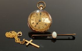 Gold watch opal brooch and cross with chain etc.: Ladies 9ct gold cased pocket watch with base metal