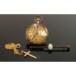 Gold watch opal brooch and cross with chain etc.: Ladies 9ct gold cased pocket watch with base metal