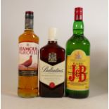 Three bottles of blended Scotch Whisky to include: J & B 1ltr, Famous Grouse 70cl & Ballantines