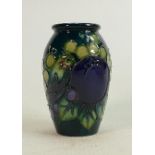 Moorcroft vase Finch Teal pattern: Measures 10cm x 6cm, with box. C1990 by Sally Tuffin. No damage