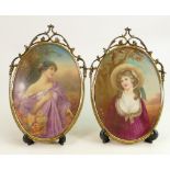 Pair of oval porcelain portrait plaques: Hand painted ladies by Leslie Johnson, one titled The