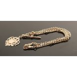 Victorian 9ct rose gold double Albert watch chain: With T-bar & medal 52.3g.