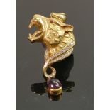 18ct gold Leopard head pendant set diamonds & amethyst dropper: Gross weight 27.5g. Height 72mm.