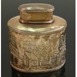 Silver embossed tea canister: Decorated with dancing figures and farmhouse, hallmarked for London