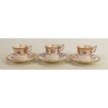 Three 19th century Coalport Bat Wing cups & saucers: Two in pink colourway and the other in purple