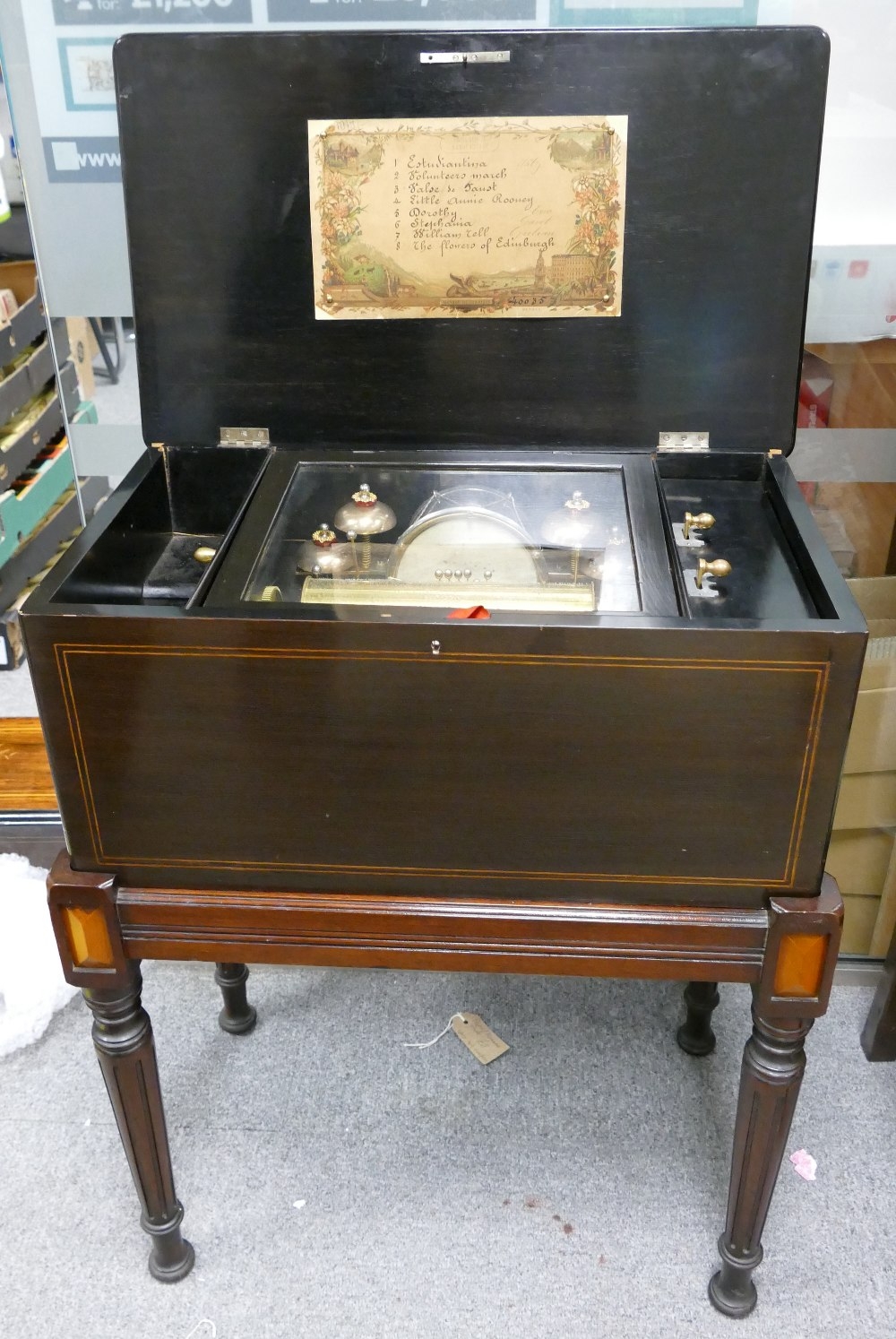 Late 19th century inlaid Swiss Musical Box on stand: Playing on 4 bells & drum with 6 hammers, - Image 5 of 5