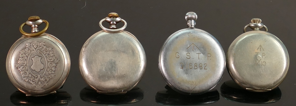 4 gents pocket watches including 2 military & Ingersol Trenton: Includes 2 silver cased watches. - Image 7 of 7