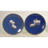 Wedgwood pair of gilded plates by Daisy Makeig Jones: Farmyard lustre ware, on powder blue ground,