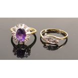 Two x 18ct gold gem set dress rings: Amethyst & diamond cluster, together with 3 stone diamond ring,