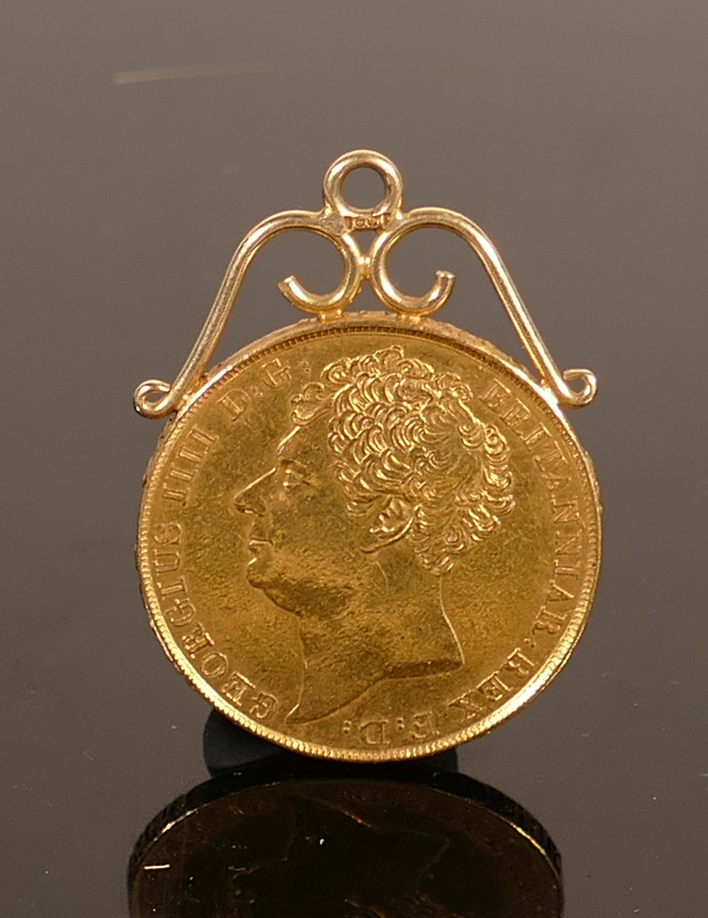 Double gold Sovereign coin George IV 1823: Mounted with 15ct gold pendant mount, gross weight 16.9g.