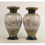A good pair of Doulton Lambeth vases: By Hannah Barlow, both decorated with cattle, sheep,
