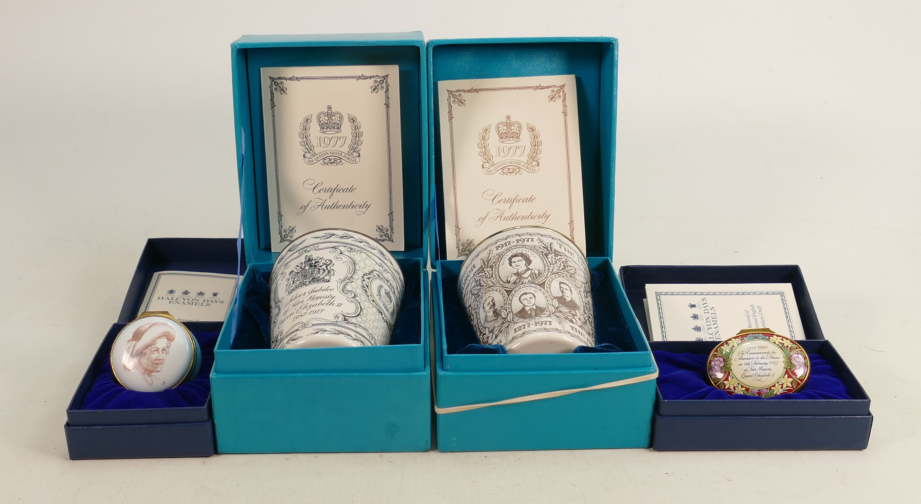 Four x Halcyon Days ROYAL enamel pieces 2 x beakers and 2 x boxes: All with some paperwork &