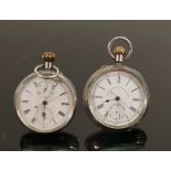 Two large & heavy silver center seconds chronograph pocket watches: T R Russell's keyless lever