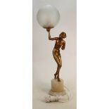 Art Metal lady lamp with glass globe shade: Sitting on an onyx base, height 61cm.