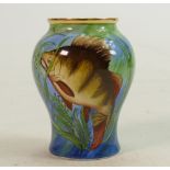 Moorcroft enamelled vase decorated with perch: Height 6cm.