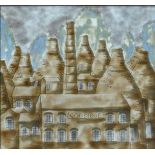 Cobridge Stoneware framed plaque: Decorated with Bottle Kilns by Philip Gibson, 33cm x 33cm