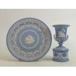 19th century Wedgwood blue dip Jasperware items: Comprising two handled urn, height 16cm and a