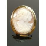 19th century Cameo brooch of two ladies: In Yellow metal frame, height 5.25cm x width 4.5cm.