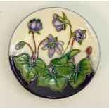 Moorcroft dish Hepatica pattern: Measures 10cm. No damage or restoration.