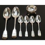 Six silver spoons & large silver salt: Includes 2 serving spoons, 4 tea spoons, salt & plated salt